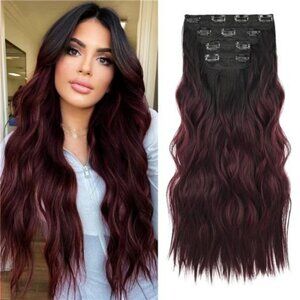 Clip in Hair Extensions, 20” Long Wavy Burgundy